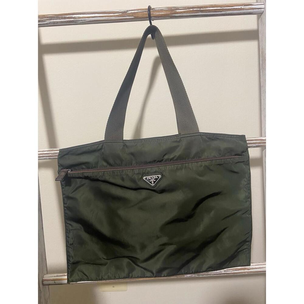 Prada dark green brown nylon flat hand shoulder tote bag